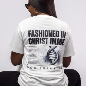 White shirt, printed tee, fashioned in christ image tees