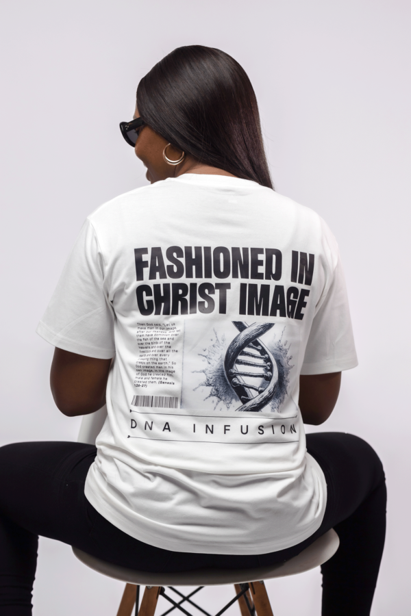 White shirt, printed tee, fashioned in christ image tees